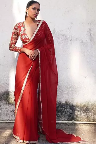 Maroon floral sequinned  georgette heavy work saree