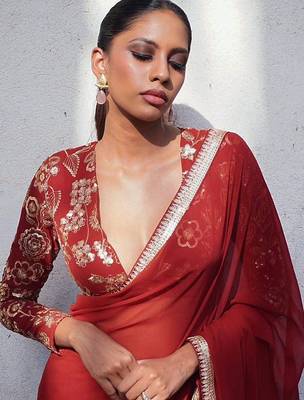 Maroon floral sequinned  georgette heavy work saree 3