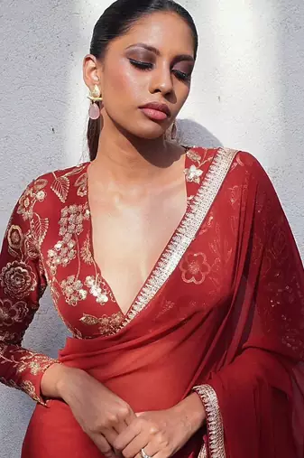 Maroon floral sequinned  georgette heavy work saree