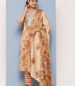 women ethnic motifs printed regular sequinned kurta with trousers & with dupatta