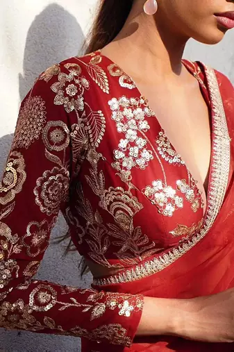 Maroon floral sequinned  georgette heavy work saree