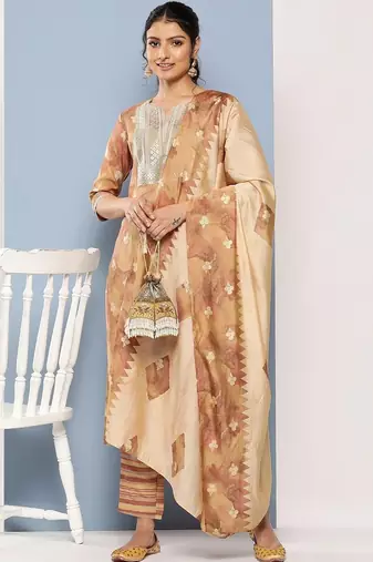 women ethnic motifs printed regular sequinned kurta with trousers & with dupatta