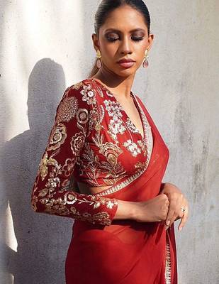 Maroon floral sequinned  georgette heavy work saree 5