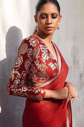 Maroon floral sequinned  georgette heavy work saree