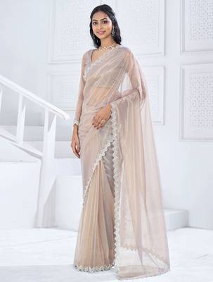 Beige embellished aari work organza saree 1