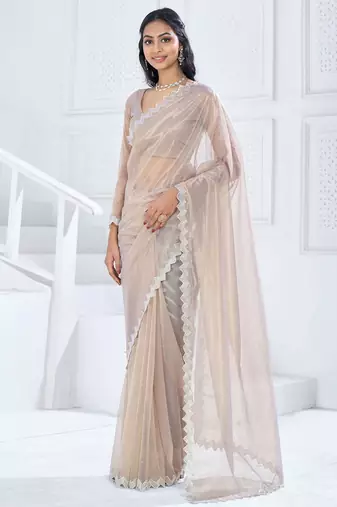 Beige embellished aari work organza saree