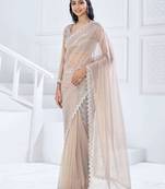 Beige embellished aari work organza saree