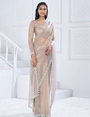 Beige embellished aari work organza saree 2