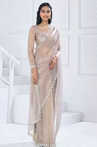 Beige embellished aari work organza saree