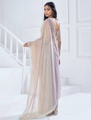 Beige embellished aari work organza saree 3