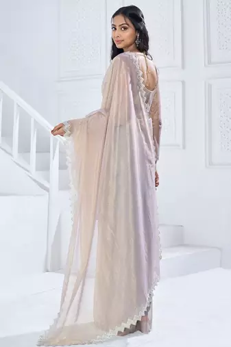 Beige embellished aari work organza saree