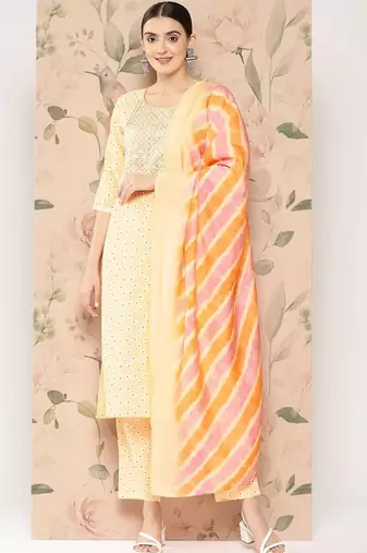 women ethnic motifs printed regular thread work kurta with trousers & with dupatta