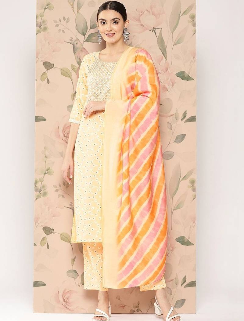 women ethnic motifs printed regular thread work kurta with trousers & with dupatta
