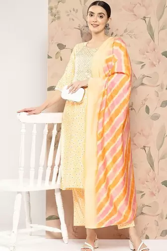 women ethnic motifs printed regular thread work kurta with trousers & with dupatta
