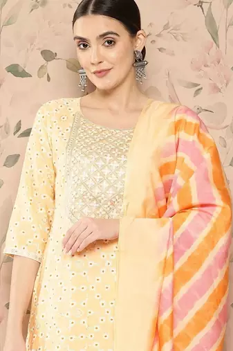 women ethnic motifs printed regular thread work kurta with trousers & with dupatta