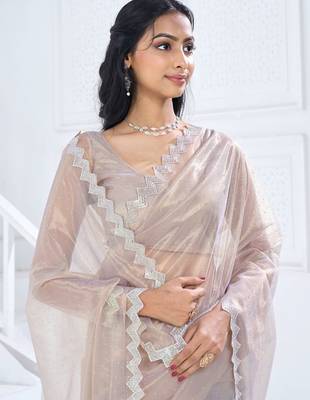 Beige embellished aari work organza saree 4