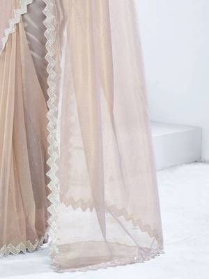 Beige embellished aari work organza saree 5