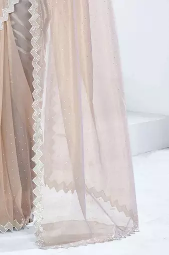 Beige embellished aari work organza saree