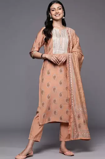women paisley printed regular thread work kurta with trousers & with dupatta