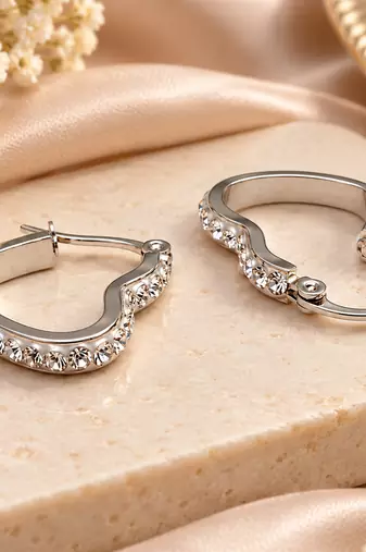 Heart shape crystal hoop earrings, silver tone, anti-tarnish