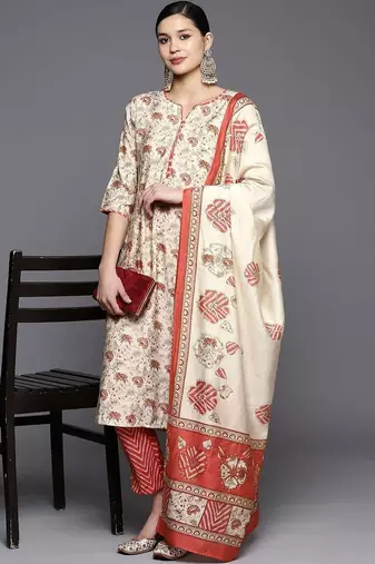 women floral printed regular kurta with trousers & with dupatta