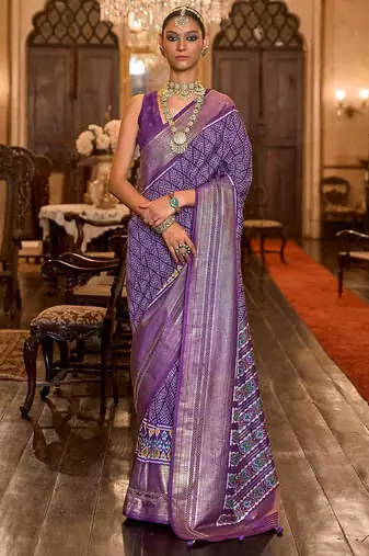 Purple ethnic motifs printed silk blend pochampally saree
