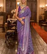 Purple ethnic motifs printed silk blend pochampally saree