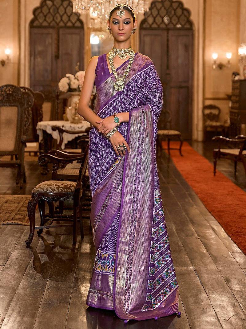 Purple ethnic motifs printed silk blend pochampally saree