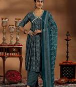 women ethnic motifs printed angrakha thread work kurta with trousers & with dupatta