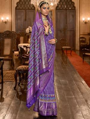 Purple ethnic motifs printed silk blend pochampally saree 2