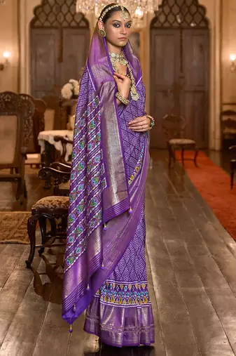 Purple ethnic motifs printed silk blend pochampally saree