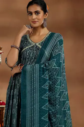 women ethnic motifs printed angrakha thread work kurta with trousers & with dupatta