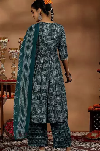 women ethnic motifs printed angrakha thread work kurta with trousers & with dupatta