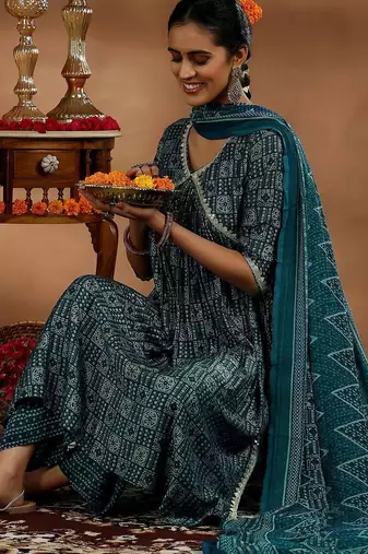women ethnic motifs printed angrakha thread work kurta with trousers & with dupatta