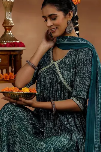 women ethnic motifs printed angrakha thread work kurta with trousers & with dupatta