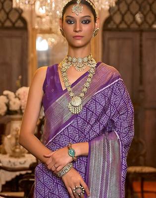 Purple ethnic motifs printed silk blend pochampally saree 3