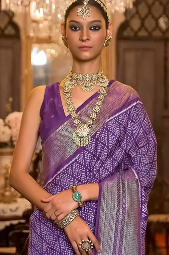 Purple ethnic motifs printed silk blend pochampally saree