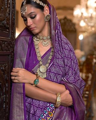 Purple ethnic motifs printed silk blend pochampally saree 4