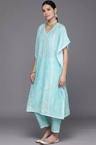 women floral printed regular thread work kurta with trousers