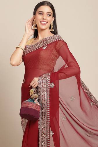 Maroon maroon & golden woven design georgette saree