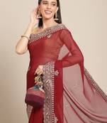 Maroon maroon & golden woven design georgette saree