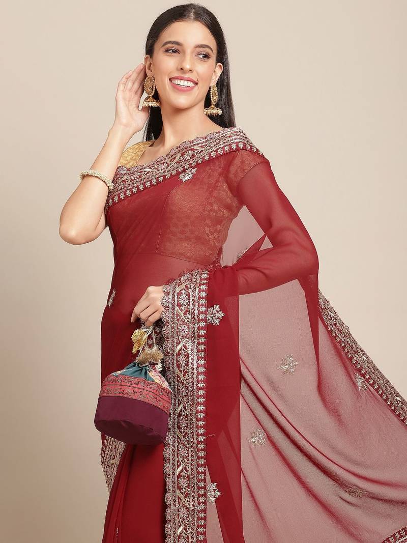 Maroon maroon & golden woven design georgette saree