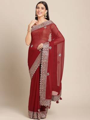 Maroon maroon & golden woven design georgette saree 2