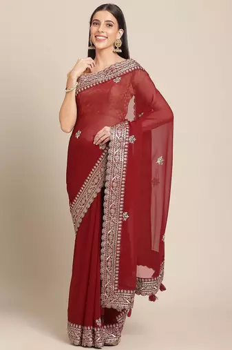 Maroon maroon & golden woven design georgette saree