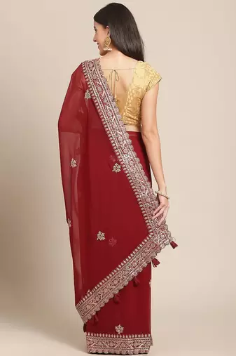Maroon maroon & golden woven design georgette saree