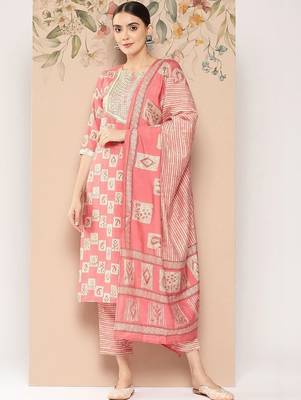 women ethnic motifs printed regular thread work kurta with trousers & with dupatta 1