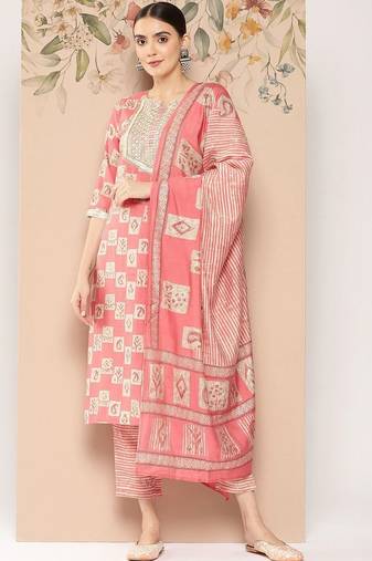 women ethnic motifs printed regular thread work kurta with trousers & with dupatta