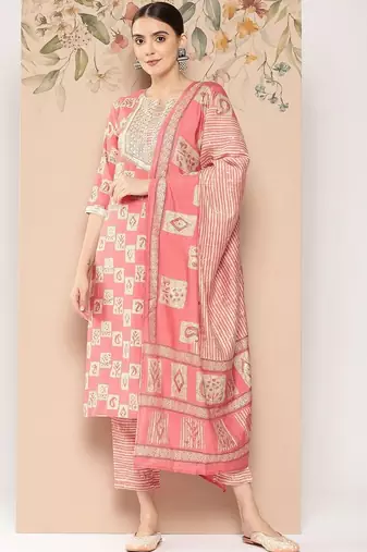 women ethnic motifs printed regular thread work kurta with trousers & with dupatta