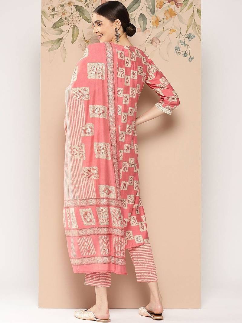 women ethnic motifs printed regular thread work kurta with trousers & with dupatta