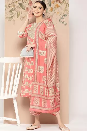 women ethnic motifs printed regular thread work kurta with trousers & with dupatta